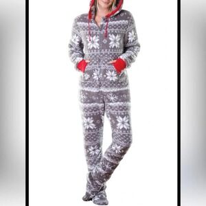 PajamaGram Hoodie Footie Gray White Fleece Zip Front Onesie. Size Medium. NWT.